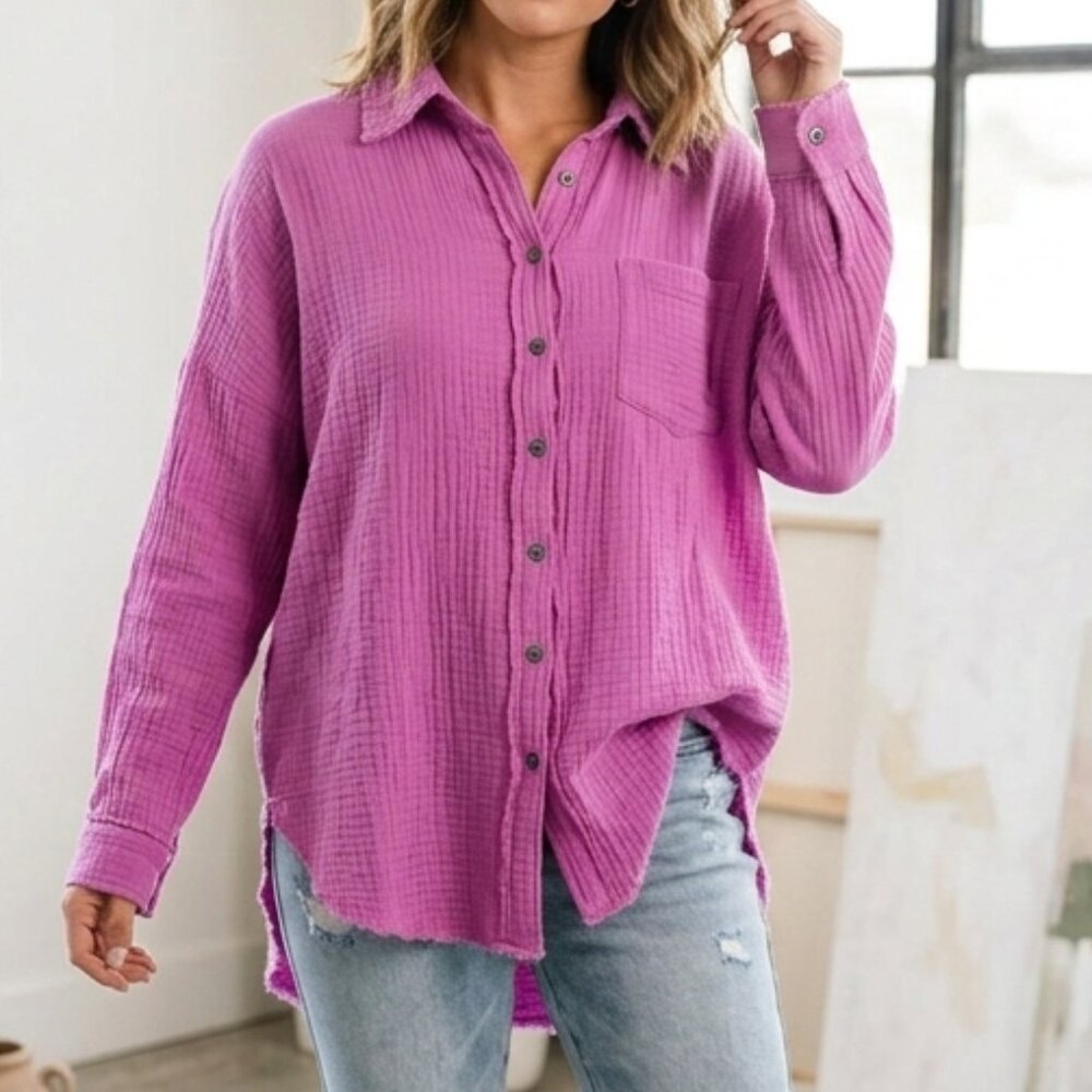 ZENANA Oversized Double Crinkled Muslin Cotton Gauze Pink Button down medium